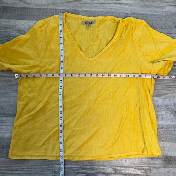Flax 100% linen yellow short sleeve oversized top V-neck size medium C41 - Picture 5 of 6